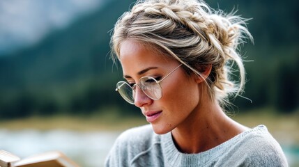 A serene woman with glasses reads a book in the outdoors, surrounded by nature.