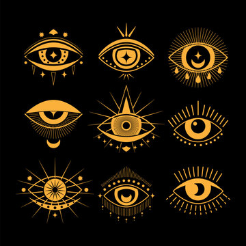 Eye symbols in a mystical golden design on a black background, representing concepts of insight, third eye awakening, protective vision, and spiritual astrology