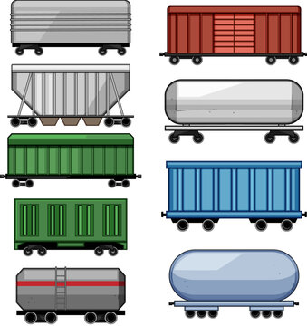 Collection of diverse freight train wagons boxcars, tank cars, hoppers and flatcars side view set on white background, industrial transport and logistics illustration