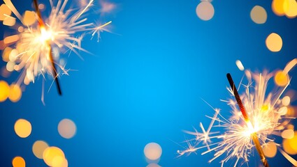 Sparklers and bokeh lights on a blue background for New Year's Eve celebration.