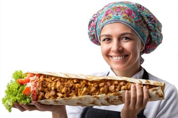 A cheerful chef showcasing a massive shawarma, inviting viewers to savor the meal.