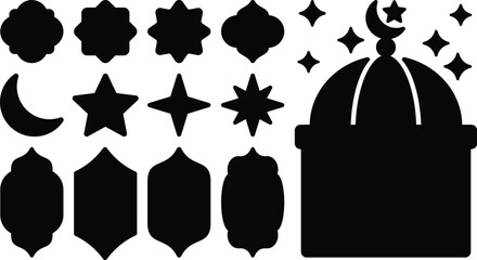 Ramadan ornament elements and Arab Islam arabesque, oriental Muslim art patterns set. Vector Arabian black line geometric ornament frame borders, Ramadan lanterns and mosque arches ornament elements