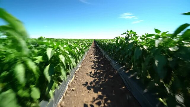 Moving through rows of green pepper plants in a sunny agricultural field. Low angle tracking shot of vegetable crops growing on a farm. Cultivation and harvest concept