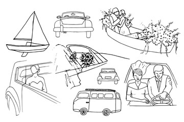 Hand drawn wedding transportation vector set featuring vintage cars, a sailboat, a camper van, and a romantic boat with flowers. Elegant black and white line art for travel-themed wedding decor