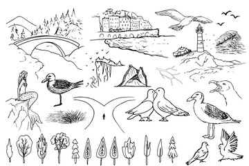 Hand drawn coastal and nature vector set featuring lighthouses, seagulls, a mermaid, and scenic landscapes. Elegant black and white line art for travel maps, wedding stationery, and outdoor themes