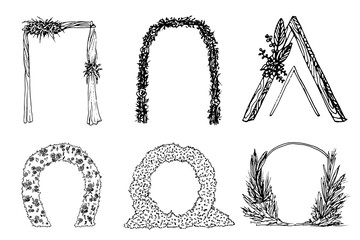 Hand drawn wedding arches and ceremonial backdrops vector set. Black and white line art featuring floral arbors, bohemian wooden frames, and garden gates for marriage ceremony decor