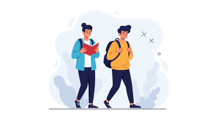 Two male university students with backpacks walking and talking together one of them reading a book while they walk to class.
