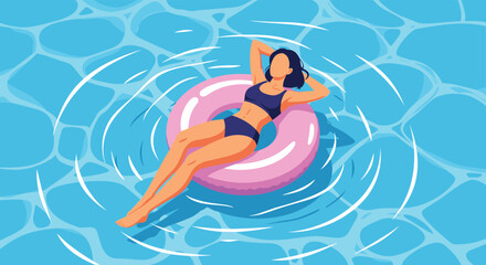 Young woman in a bikini relaxing and floating on a pink inflatable ring in the clear blue water of a swimming pool in summer.