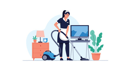 Professional female maid from a cleaning service in uniform vacuuming the floor of a modern living room with a vacuum cleaner.
