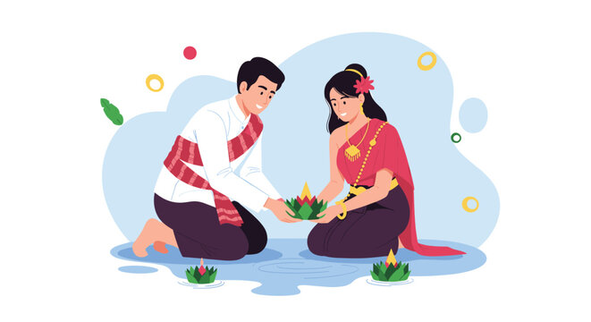 Happy Thai couple in traditional clothing celebrating the Loi Krathong festival by floating decorated baskets in the water.