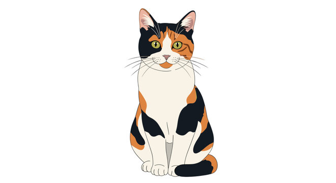 Front view illustration of a beautiful calico cat with tricolor fur sitting gracefully and looking forward on a white background.
