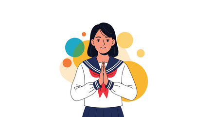 Smiling Japanese schoolgirl in a traditional sailor uniform making a respectful greeting gesture with her hands together.