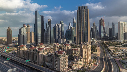 Skyline view of the buildings of Sheikh Zayed Road and DIFC timelapse in Dubai, UAE.