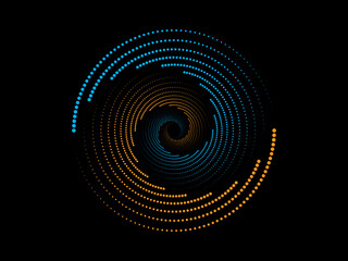 Abstract futuristic spiral of glowing blue and orange digital dots