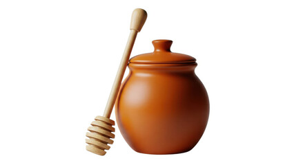 Ceramic honey pot with wooden dipper isolated on white background