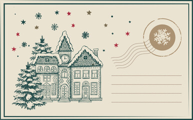 Vintage Christmas and new year postcard with stamps	