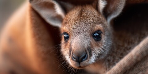 Fototapeta premium Kangaroo joey resting inside its mother's pouch while exploring its surroundings