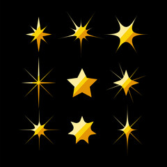 Obraz premium Nine distinct golden star shapes and glitter elements creating various light effects, shine, and bright symbols on a black background, representing quality and celebration