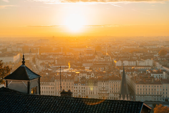 Aerial View Lyon France including Rivers Church and Tower at night