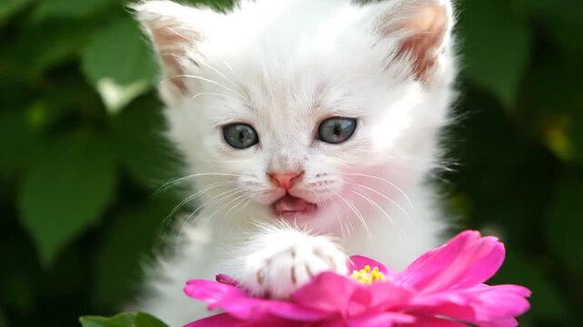 Close-up portrait of a white kitten with blue eyes playfully interacting with a pink flower in a natural outdoor setting with lush greenery.