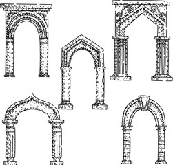 Naklejka premium Hand drawn set illustrating various historical arch designs, depicting antique architecture, old structures, and classic gateway elements on a white background