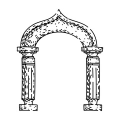 Naklejka premium Ancient arch illustration presenting a historical architectural element with an ornate arched top resting on classic pillars, symbolizing an entrance or gateway in a vintage hand drawn style