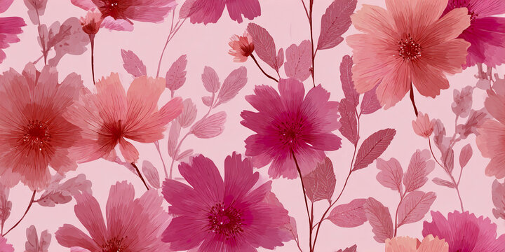 Pink flower pattern with delicate leaves and soft petals on feminine light pink background, creating gentle and elegant floral design full of natural beauty and charm