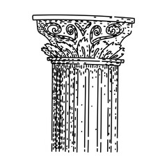 Naklejka premium Ancient corinthian column capital and fluted shaft, illustrating classical architectural elements with decorative acanthus leaves and volutes in a hand drawn line art style