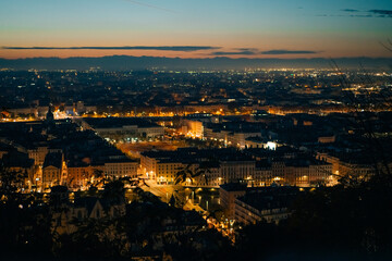 Obraz premium Aerial View Lyon France including Rivers Church and Tower at night
