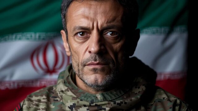 Military officer poses in front of Iranian flag showing determination and focus during training in Tehran