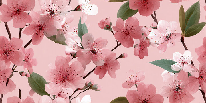 Cherry blossom flower pattern with soft pink petals and green leaves on feminine light pink background, creating delicate and elegant springtime floral design