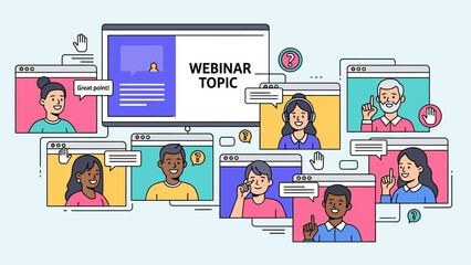 Online webinar session showing diverse participants on multiple screens with a central topic banner.