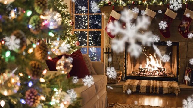 Cozy living room with decorated christmas tree glowing fireplace hanging stocking soft sofa warm holiday lights garland pinecone ornament wreath creating festive winter atmosphere