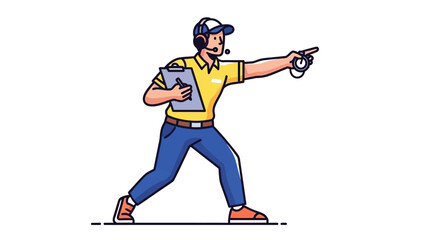 Cartoon illustration of a man in yellow shirt and blue pants pointing to the right with a laptop.