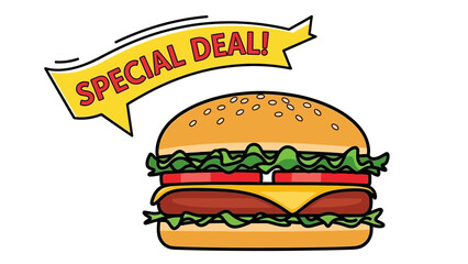 Cartoon Hamburger With Special Deal Banner Promoting Fast Food Meal.