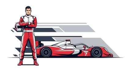 Professional race car driver stands beside a red Formula car.