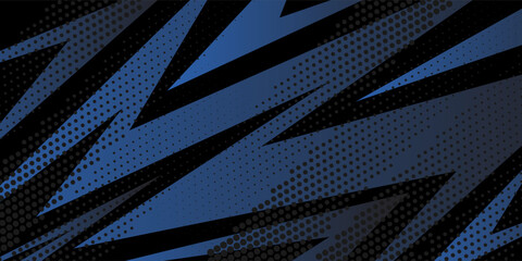 sports background, banner design in blue and black with pointed shapes and empty space. brush stroke pattern