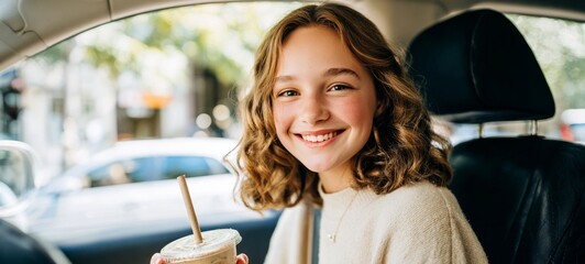 Woman sitting in car holding coffee cup.