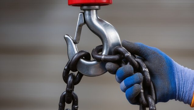 Close-up of a gloved hand holding a heavy metal hook with safety latch attached to a black rigging chain, illustrating rigging work, slinging, and cargo movement