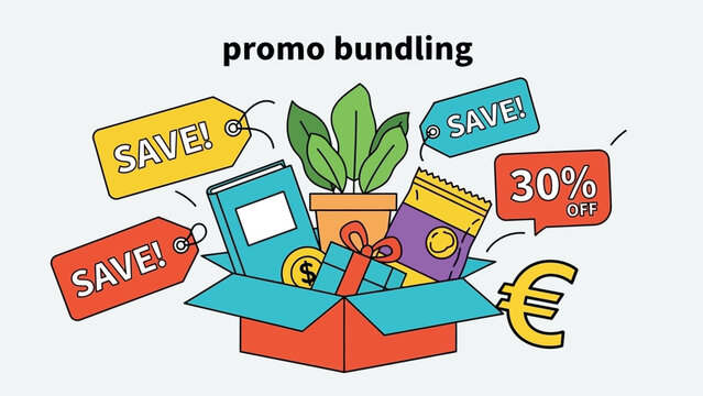 Colorful promo bundle illustration featuring gadgets, plants, and discount tags bursting from a gift box.