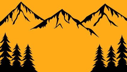 Illustration of three mountain peaks with jagged edges and five pine trees in the foreground landscape