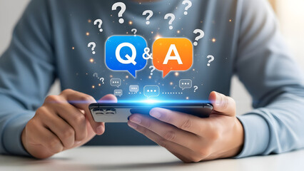 Person holding smartphone with Q&A chat icons and question marks