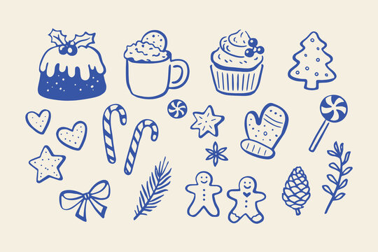 Christmas desserts and holiday doodle icons vector illustration