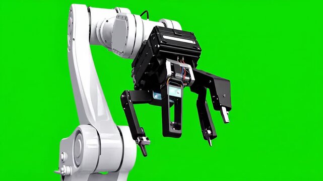 White Robotic Arm On Green Background Industrial Machine Automation Concept