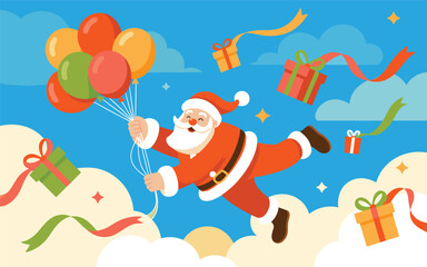 Obraz premium Santa Claus flying through the clouds with balloons and gifts on a sunny day