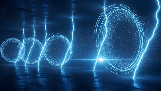 Futuristic science fiction teleportation portals. Quantum physics and time travel concept. Blue glowing energy rings with electricity sparks in a dark industrial corridor