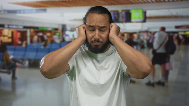 Man pressing hands to ears at busy airport terminal wearing white t shirt in crowded noisy departures area; stress discomfort.