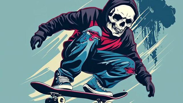 Skull masked skateboarder performing an aerial trick in stylized urban illustration.