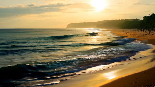 Waves gently roll onto the sandy beach as the sun sets on the horizon, casting a warm glow over the landscape. The beach and waves create a peaceful atmosphere by the ocean's edge.