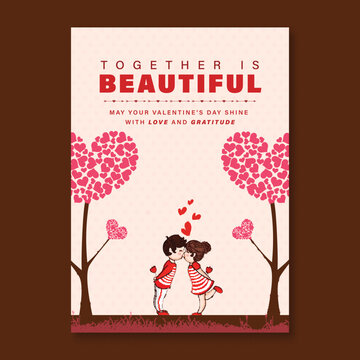 Happy Valentine&rsquo;s Day Card Template with Illustration of a Kids Couple Kissing Near Trees of Pink Hearts on Beige Background.